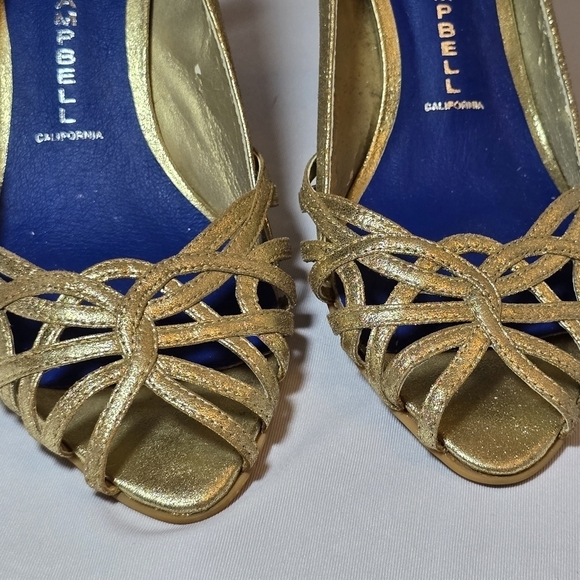 Jeffrey Campbell Gold Metallic Vintage Inspired Wooden Stack Heel Open Toe, 7.5 - Picture 2 of 10